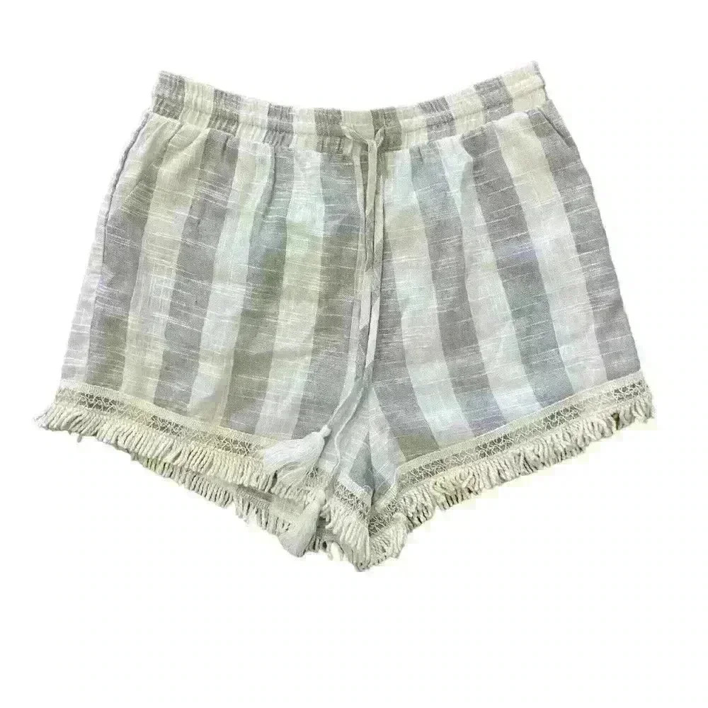 L’Atiste Linen Blend Womans Short Size M Grey White Stripes Fringe Hem Tie Waist